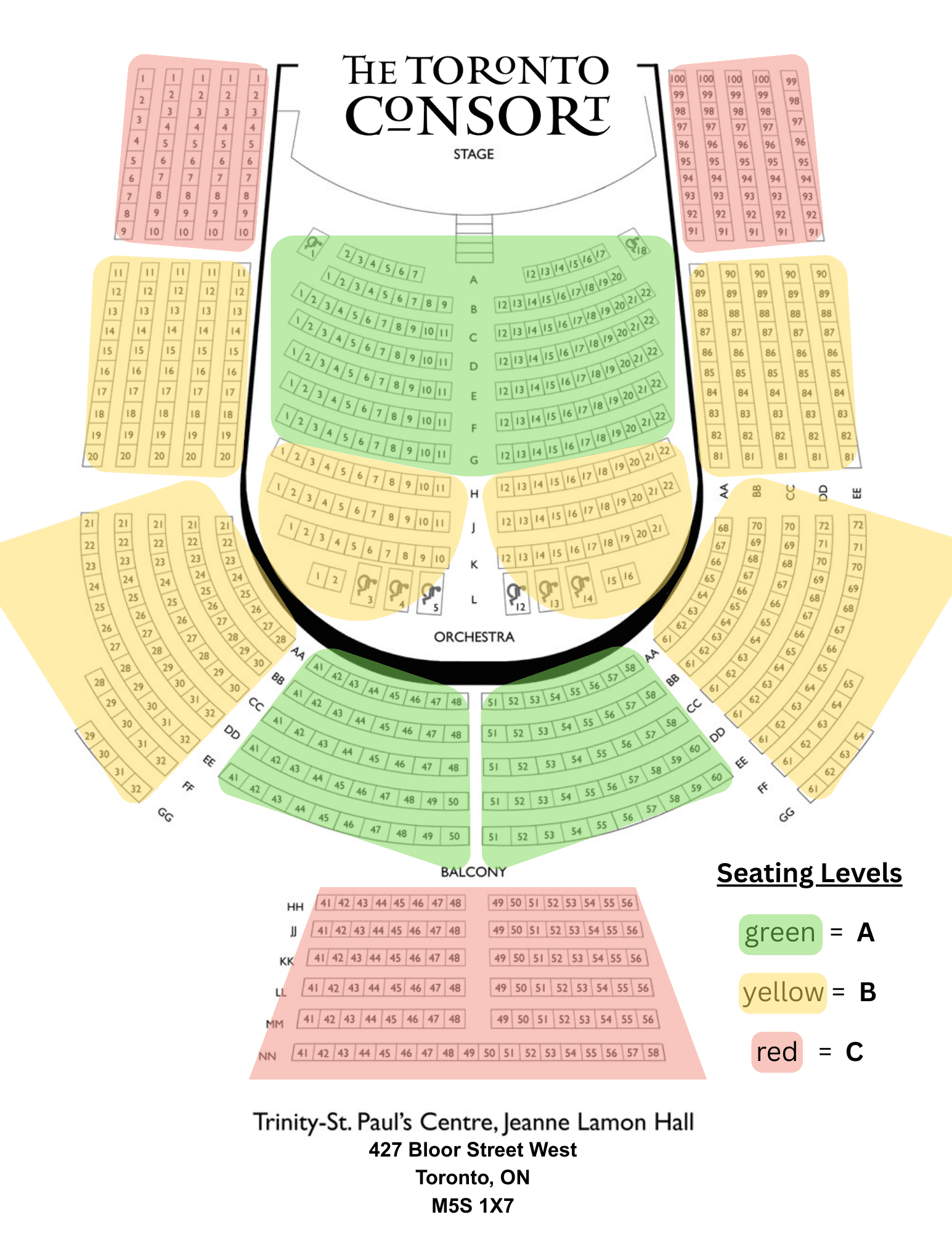 Trinity-St. Paul’s Centre seating chart showing A, B, and C Level sections