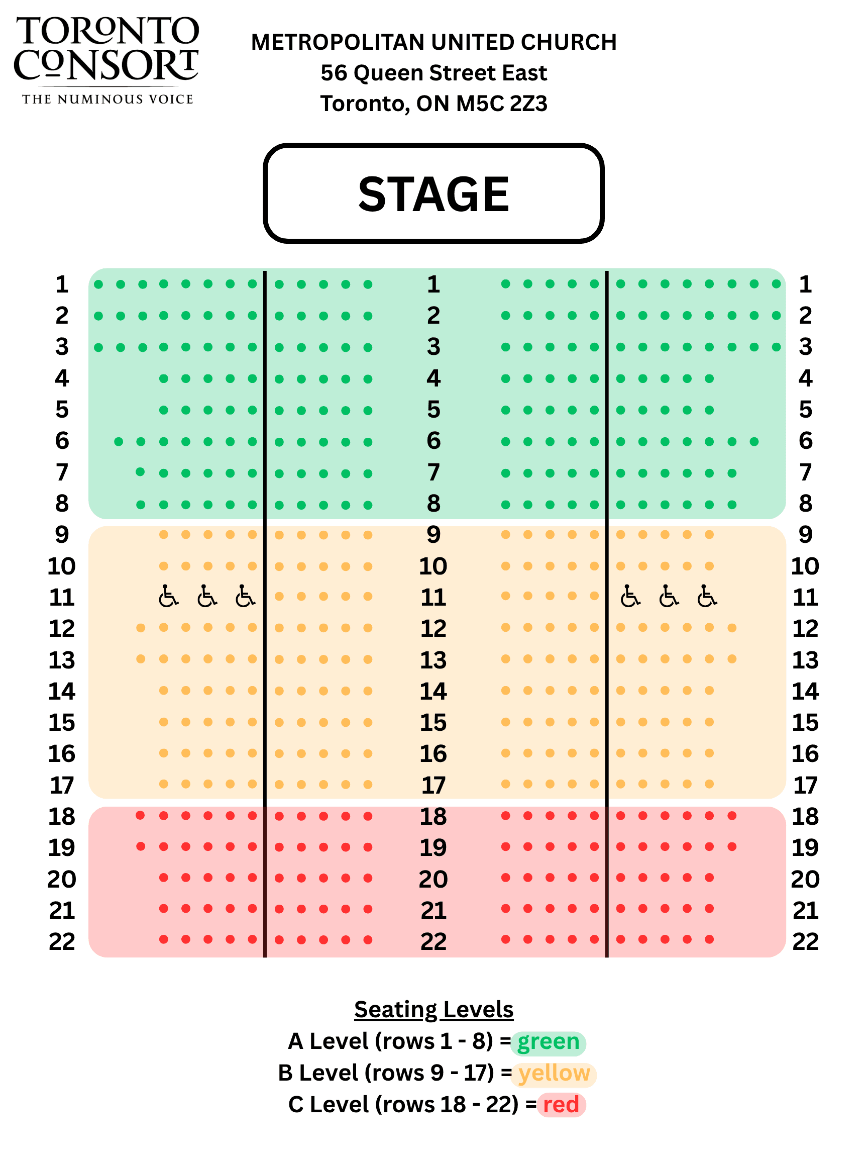 Metropolitan United Church seating chart showing A Level in rows 1-8, B Level in rows 9-17, and C Level in rows 18-22